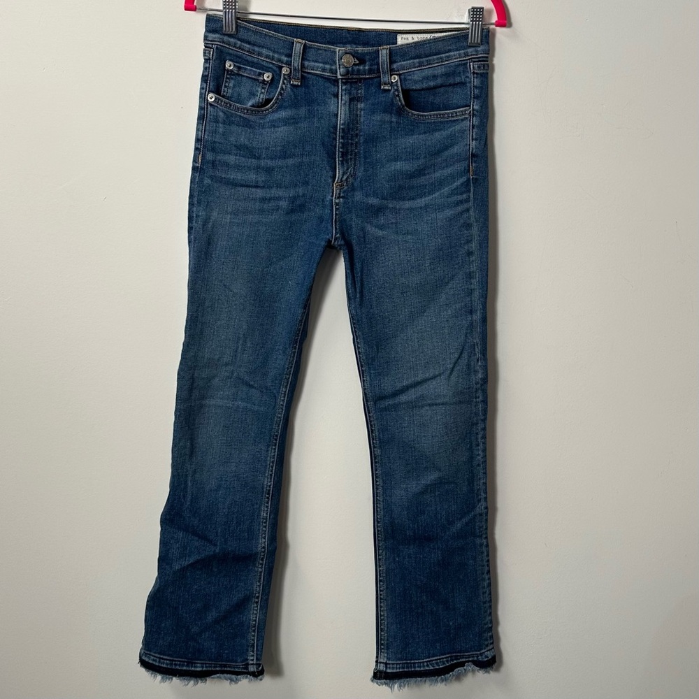 RAG & BONE women's blue faded high rise slim straight cropped jeans, 28".